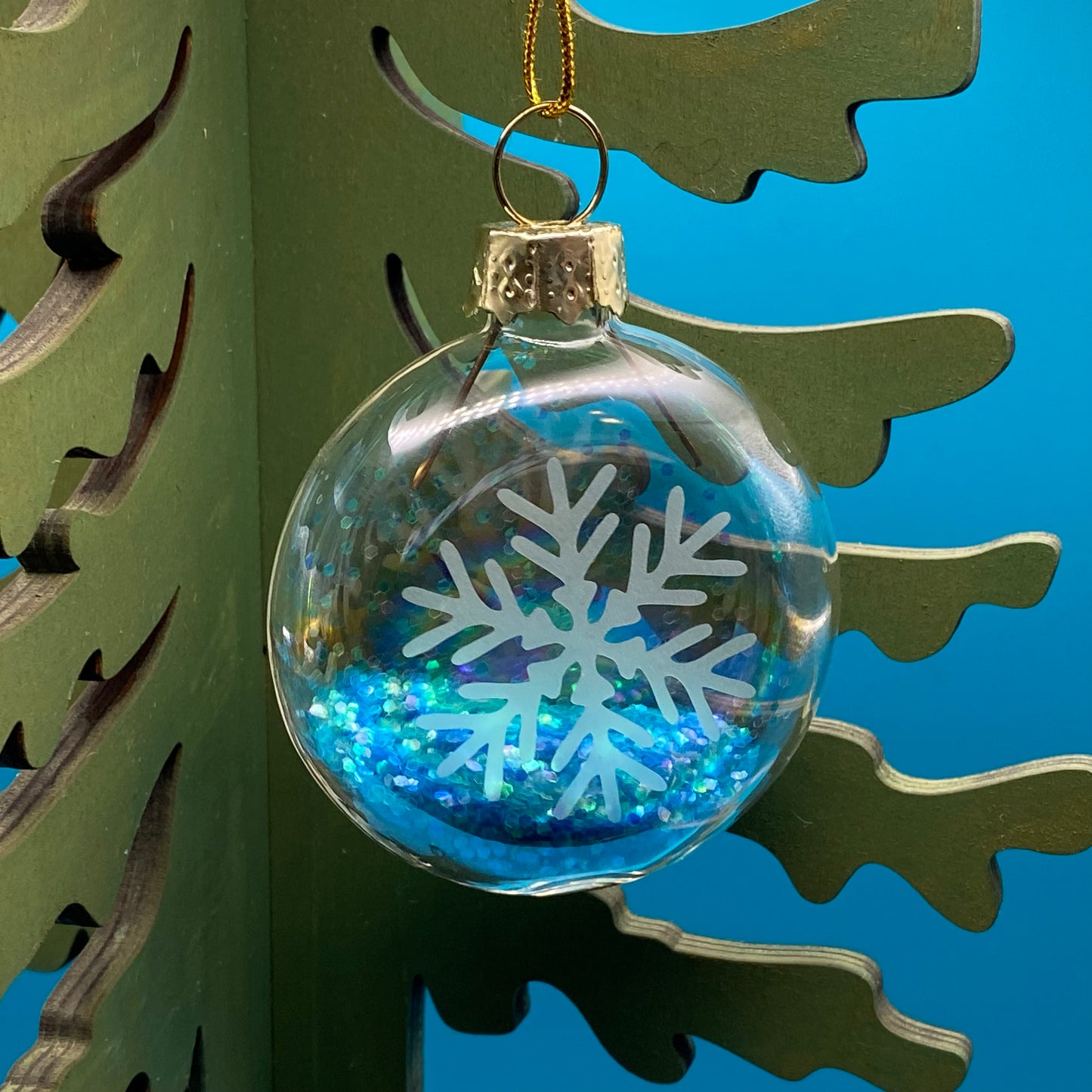 2" Small Thin Snowflake, Blue Glitter